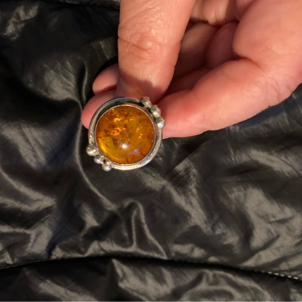 Vintage Large Sterling Silver Genuine Amber Ring